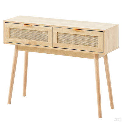 Console en rotin avec 2 tiroirs de rangement, table d'entrée en rotin avec porte coulissante en rotin naturel, table console pour salon, bureau, entrée ou mur de télévision