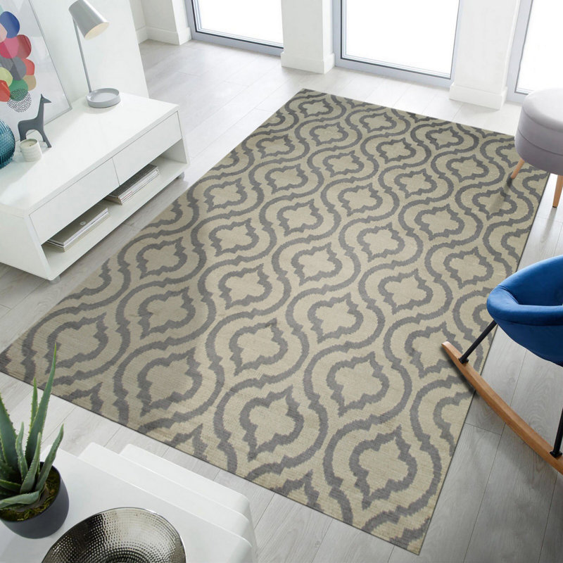 Hand Knotted Wool Geometric Area Rug in Gray, Blue