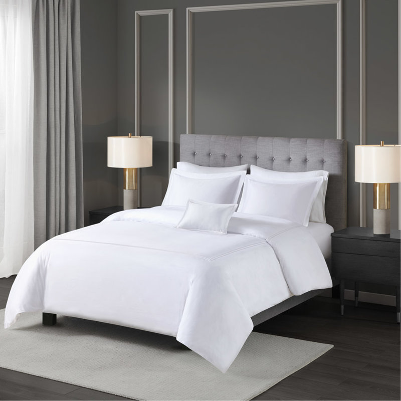 Literie en coton double / grand 500 fils, édredon brodé de luxe, insert, housse de couette amovible avec fermeture à glissière et lit double / grand de 17,52 po de style hôtel, rayures doubles