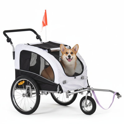 Two-in-One Bike Trailer for Dogs Convertible to Pet Stroller, Equipped with Canopy and Storage Compartments, White Finish