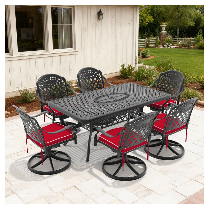 Ensemble de salle à manger d'extérieur 7 pièces en aluminium coulé 7 pièces avec 6 chaises pivotantes et coussins, noir
