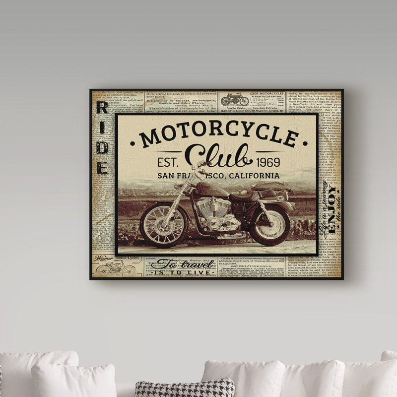 « motocyclette club », affiche rétro sur toile tendue, H 14 po x l 19 po x P 2 po