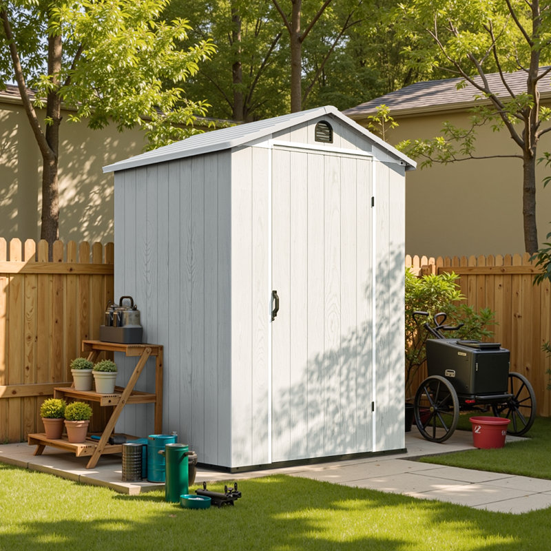 Remise de rangement en plastique l 4 pi x P 4 pi avec plancher, remise en résine avec fenêtre et porte verrouillable, Blanc