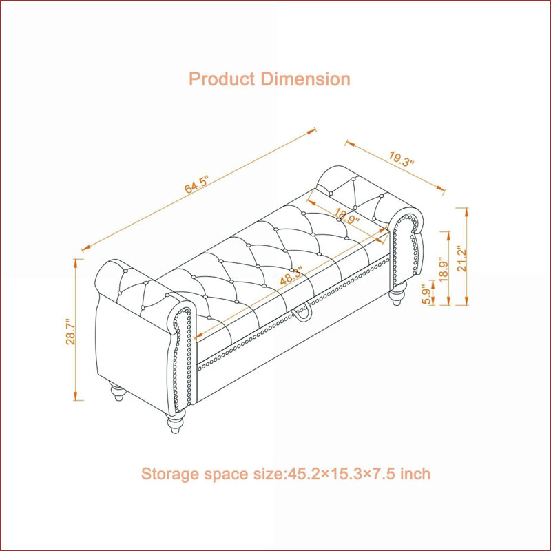 Banc de lit capitonné 64,5 po avec rangement | Chaise longue en velours à haut dossier | Pieds en bois massif | Noir | Velours