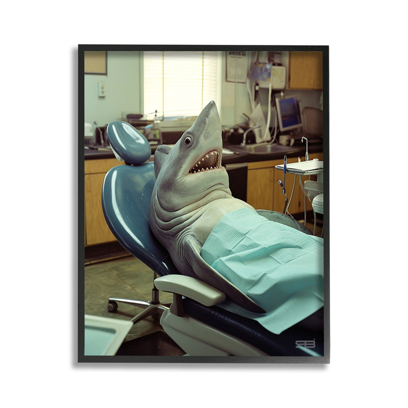 Bc-343_FG " Shark At Dentist " by RB, 14" H x 11" W, Midnight Black Framed Giclee