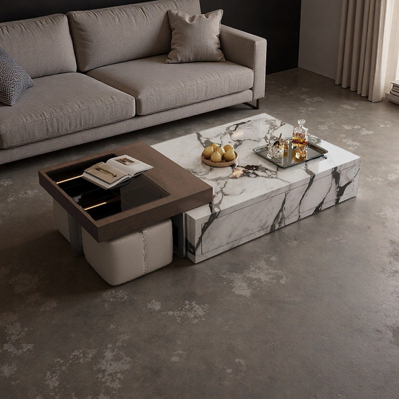 Ensemble de tables basses avec 2 tabourets en ardoise, Blanc / noir / brun noisette, H 11,41 po x L 47,24 po x l 30,7 po