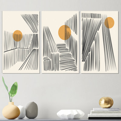 Pleine lune, montagne, paysage abstrait rétro III, ensemble d'art moderne Mid-Century de 3 pièces
