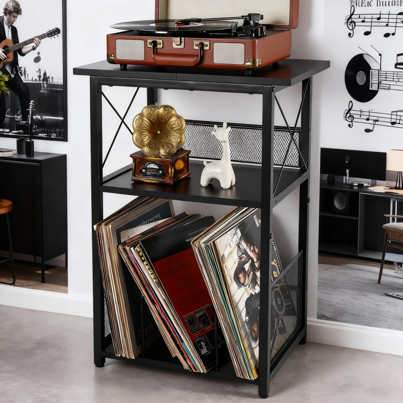 Compact Record Player Stand With Storage For 100 Vinyl Albums, Turntable Console, Black