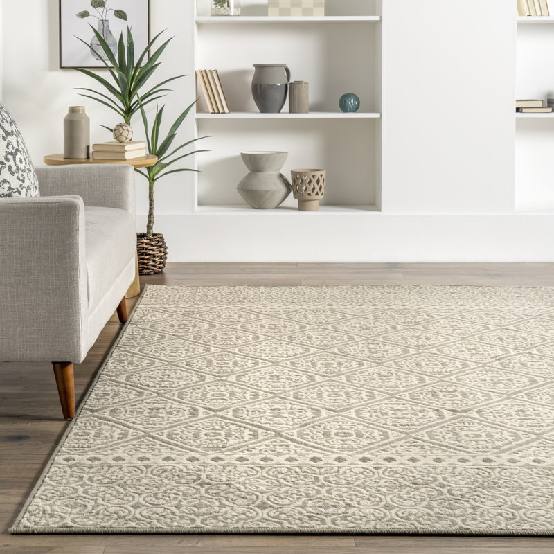 Connor Floral Tiled Performance Gray/Ivory Rug, Rectangle 2' x 3'