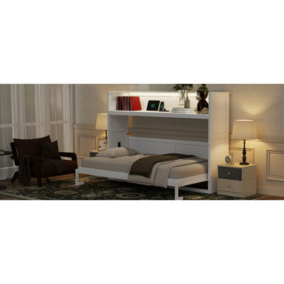 Lit simple XL avec bureau, éclairage DEL et prise de courant. Couleur blanche. Fabriqué en bois massif. Parfait pour un bureau à domicile ou une chambre d'amis.