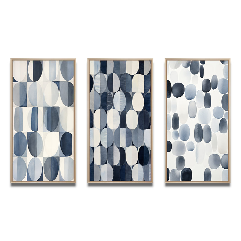 «Universal Grid Circular Watercolor Retro Blue», 3 pièces sur toile, Cadre naturel flottant, H 20 po x l 36 po