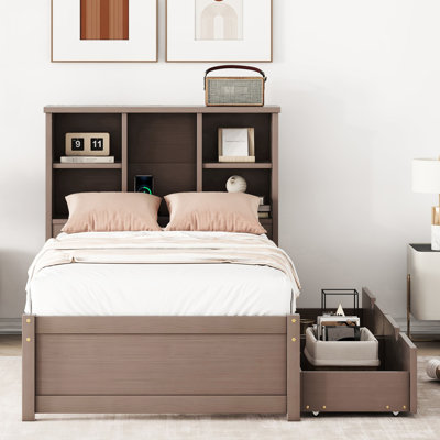 Twin Size Bed Frame With Walnut Appearance, And Extra Storage Finish Headboard Built-In Socket