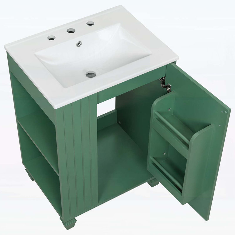 Meuble-lavabo de 24 po avec lavabo, structure en bois, porte à fermeture douce et rangement latéral ouvert, Vert