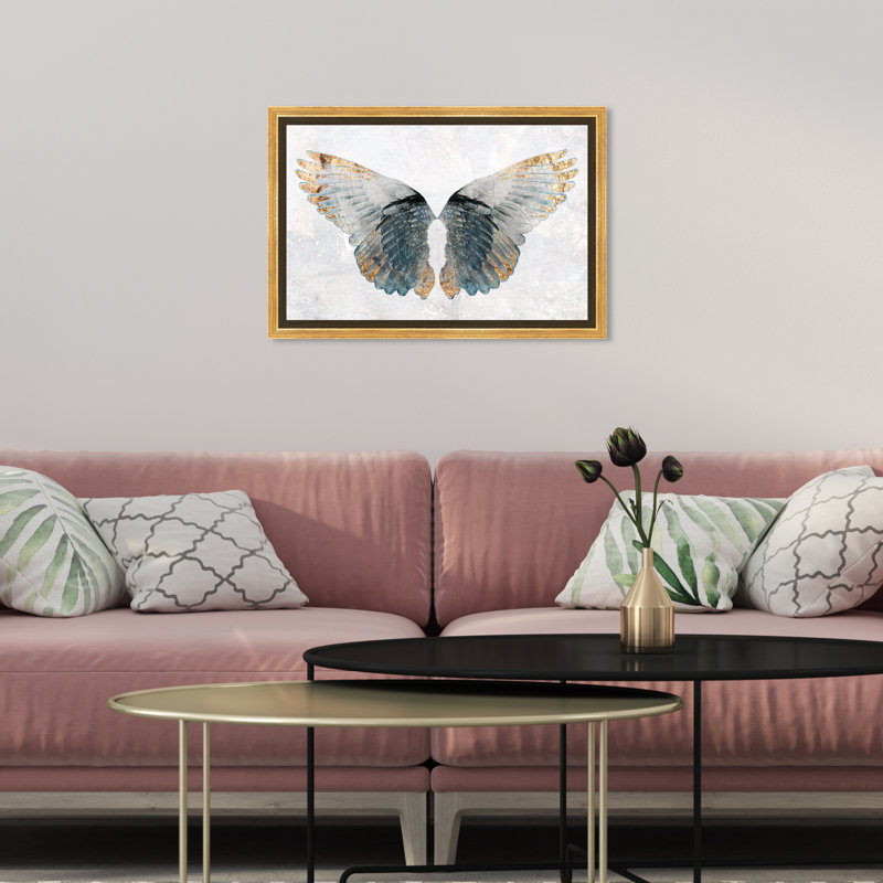 «Open Your Wings», bleu, ange céleste et or glamour - impression, H 11 po x l 16 po, Cadre en plastique doré