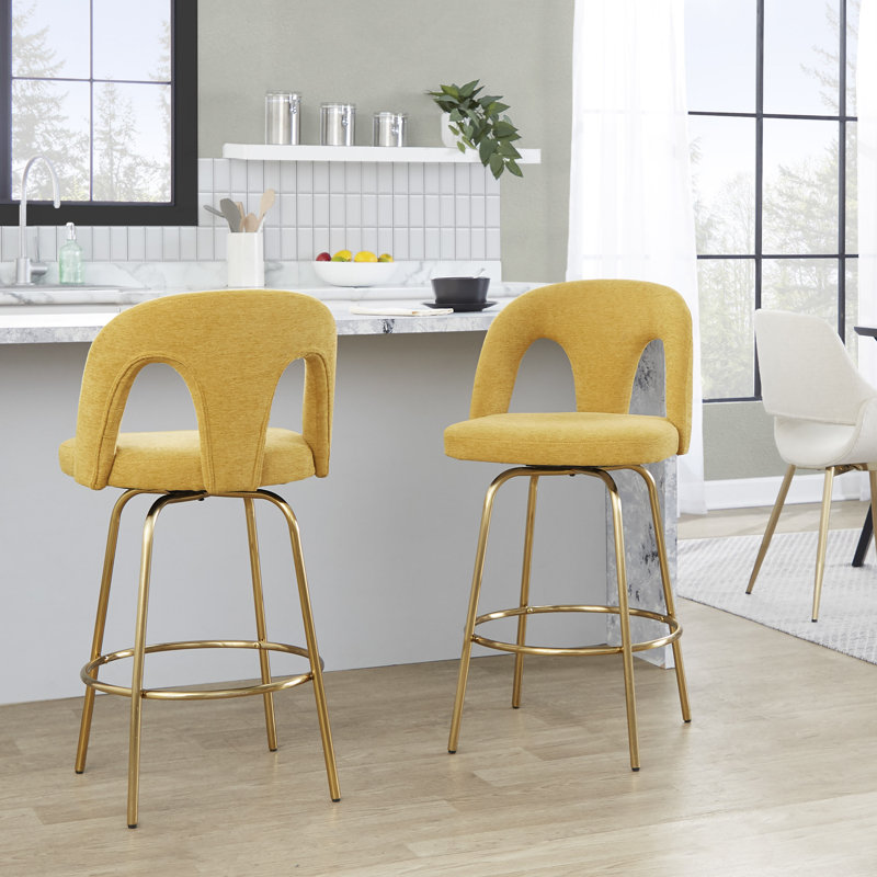 Tabouret de bar à hauteur fixe avec pivot en métal doré et velours taupe avec repose-pieds rond en métal doré - ensemble de 2