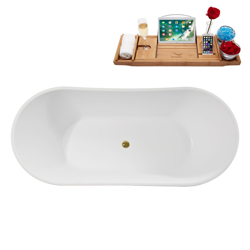 75" Streamline Soaking Matte White Freestanding Tub and Tray With Drain, Polished Gold