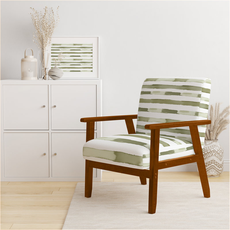 Chaise rembourrée rayée - vert et blanc Olive Drift, Accoudoirs carrés bruns