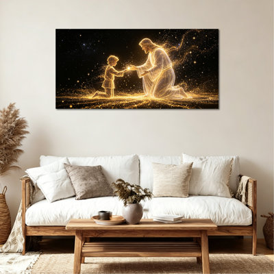 «Jesus & the Child», art mural chrétien noir et doré pour salon ou chambre à coucher, œuvre d'art moderne de Jésus avec cadre intérieur en bois, prêt à être accroché, 12 po x 24 po