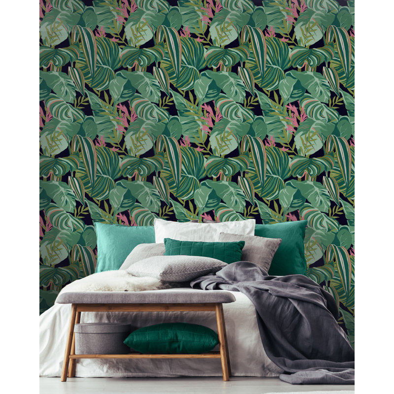 Palm Springs Floral Wallpaper Roll, Green/Black/Pink