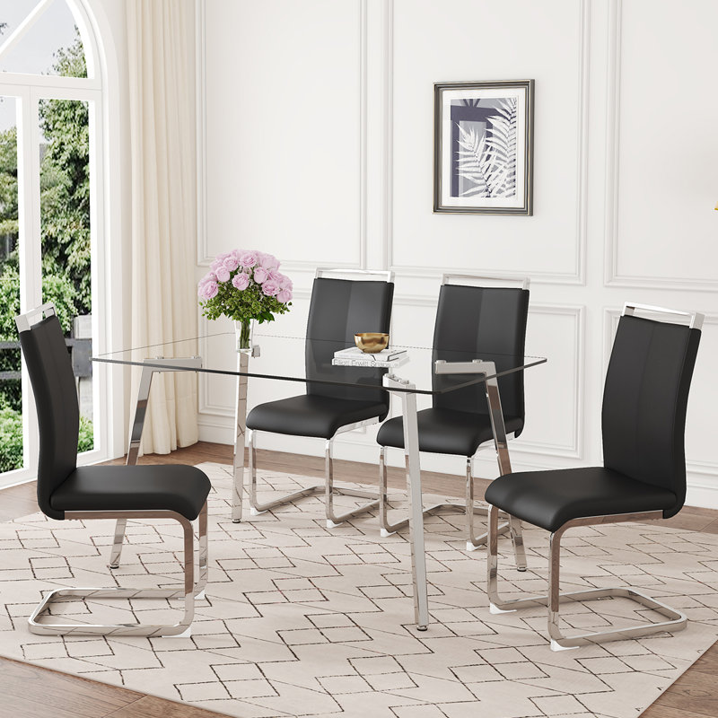 51'' Glass Dining Table Set, with Clear Tempered Glass Top, Ideal for Small Spaces, Black, 5