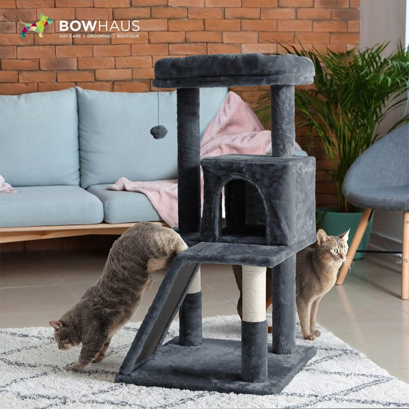 Tour pour chats pour chats d'intérieur, petit arbre à chat de 37 pouces avec perchoir élargi pour les grands chats et les chatons, arbre d'activité pour chats à plusieurs niveaux avec poteaux à griffes et rampe, beige