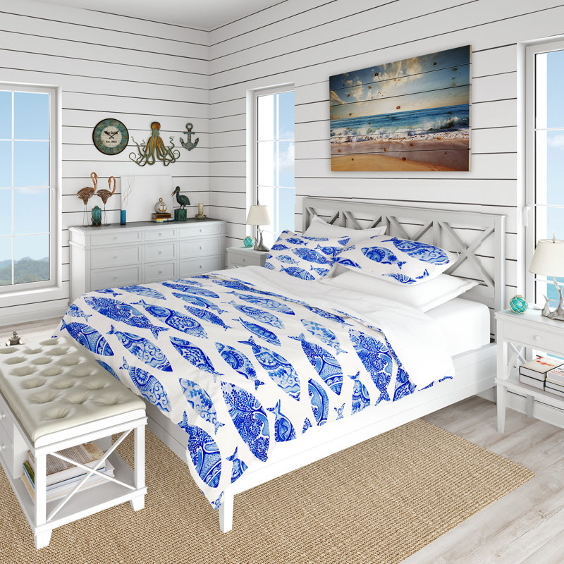 Twin Blue and White Microfiber Nautical Duvet Cover Set