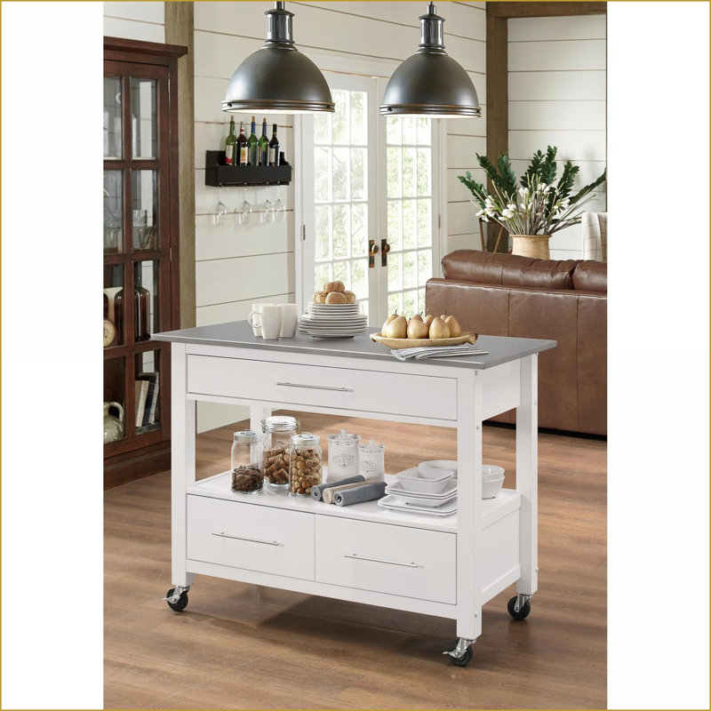 Chariot de cuisine avec plateau en acier inoxydable, 3 tiroirs Roulettes verrouillables | Finition blanc neige | Acier inoxydable, bois synthétique