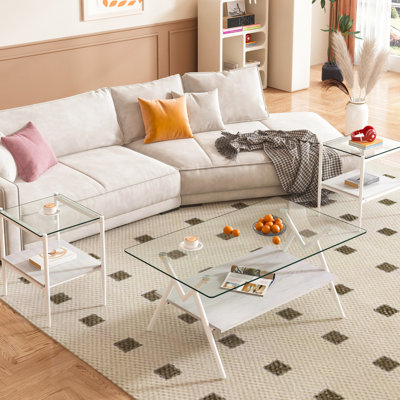 Élégante table basse de salon et tables de bout, fonctionnelle en verre trempé, facile à assembler, tables transparentes avec capacité de charge de 110 lb, avec décor, L 38,6 po x l 22,44 po H 17,3 po
