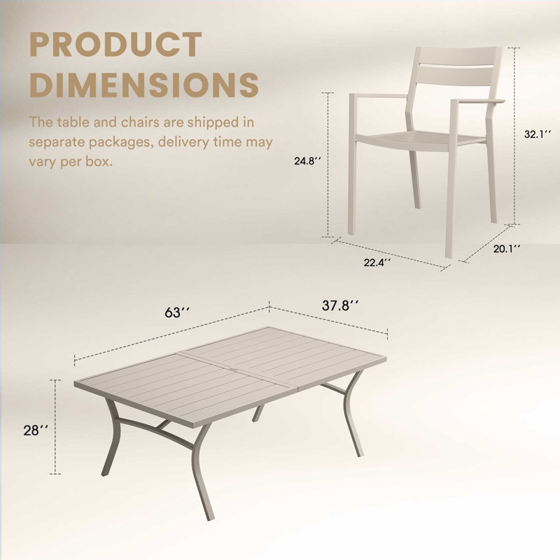 Ensemble repas d'extérieur rectangulaire pour 6 personnes avec fauteuils empilables, Crème