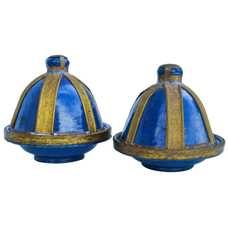 Ensemble de 2 assiettes décoratives en céramique bleu / laiton