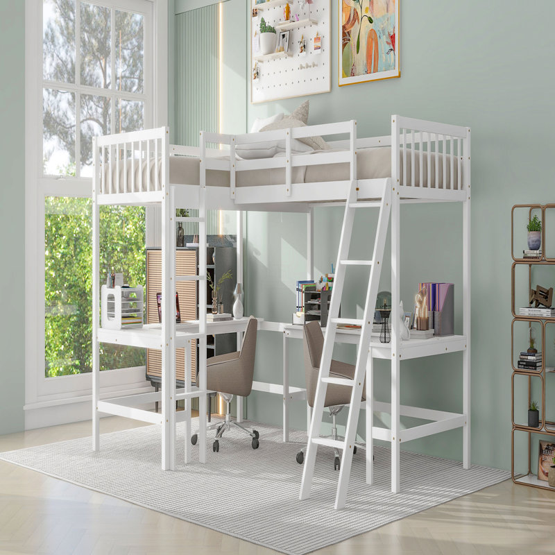 Lit mezzanine simple en bois en forme de L avec échelle et 2 bureaux intégrés en forme de L, Blanc