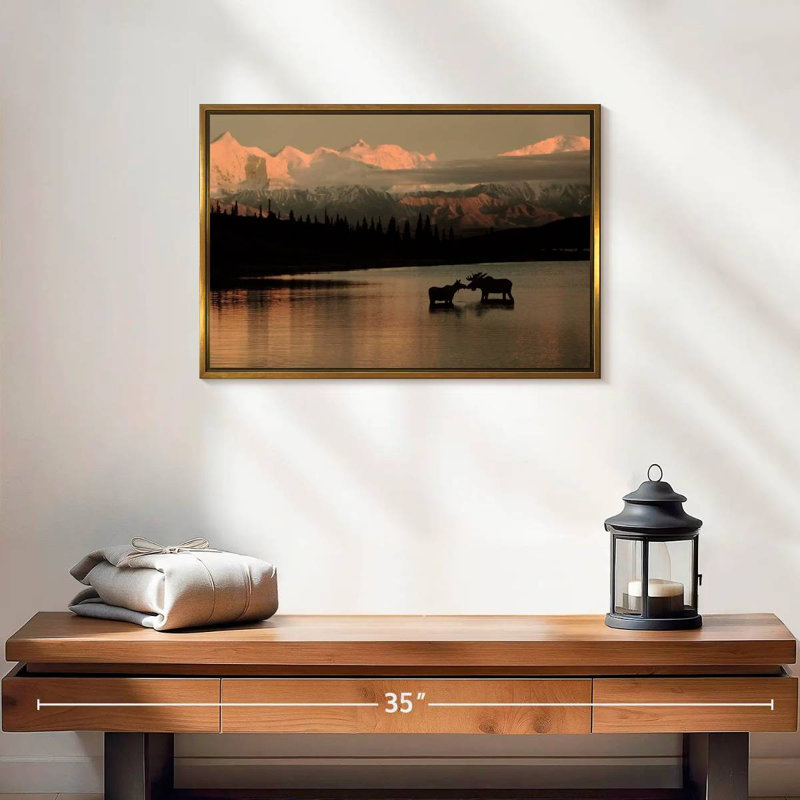 Courting Moose In Wonder Lake, 25" X 17", Floating Frame Gold