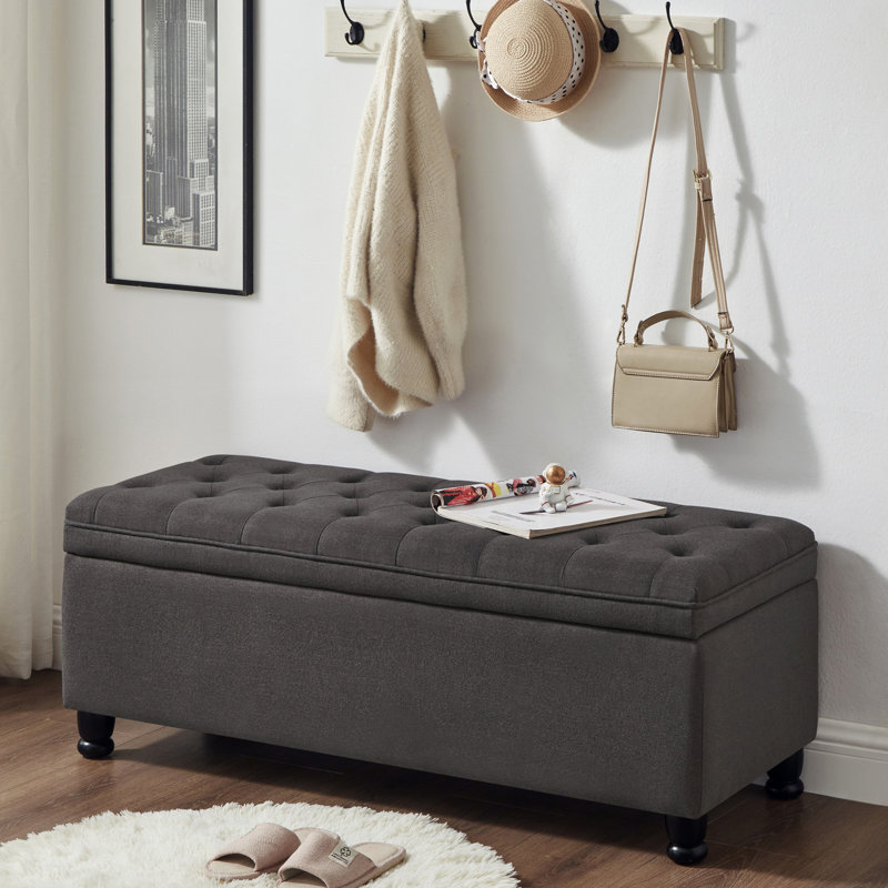 Banc de rangement en lin gris foncé avec boutons élégants, Gris foncé