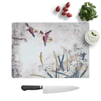 Tempered Glass Birds and Narcissus Chopping Board