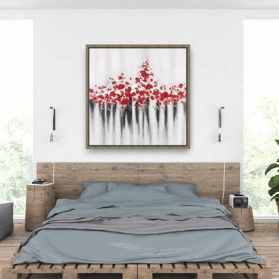 «Falling Red Dot» - Décor sur toile contemporain gris encadré