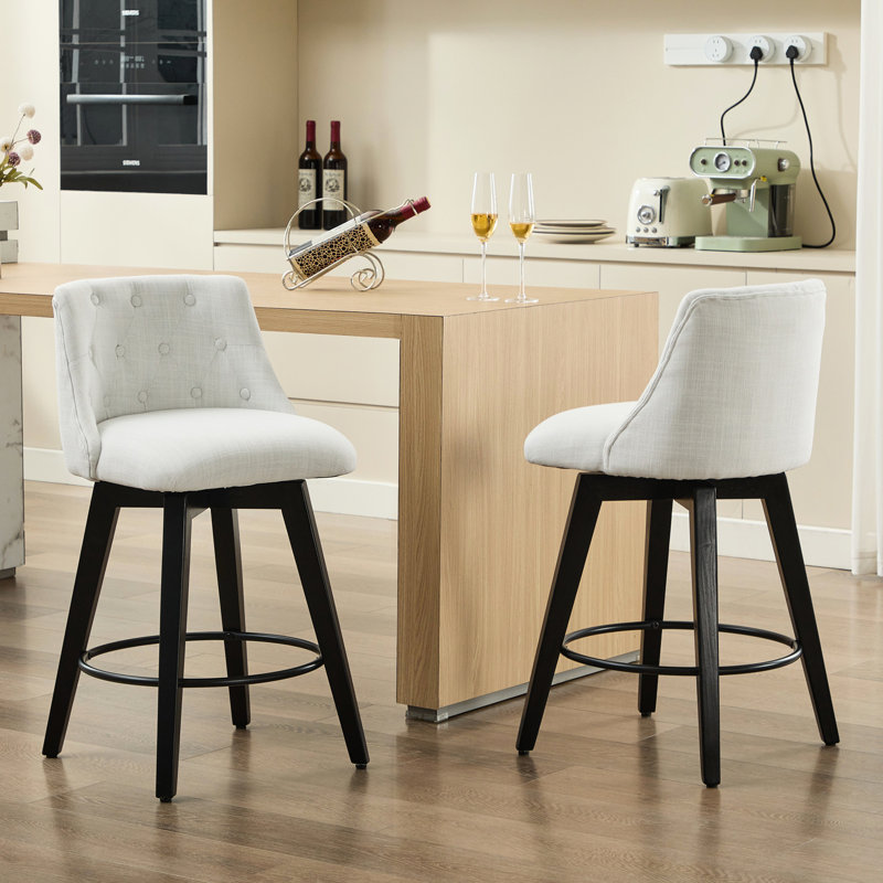 Tabouret de bar pivotant de 25 po de 2 - hauteur de comptoir rembourrée en lin moderne avec dossier à boutons et fabrication en bois massif. Pivotant à 360 °, pieds réglables pour plus de stabilité. Grand îlot de cuisine, petit-déjeuner