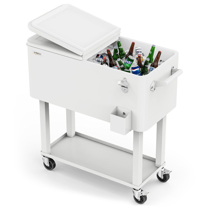80QT Patio Rolling Ice Chest Cooler Cart With Bar Drink Cooler Beverage Cart With Shelf For Party, White