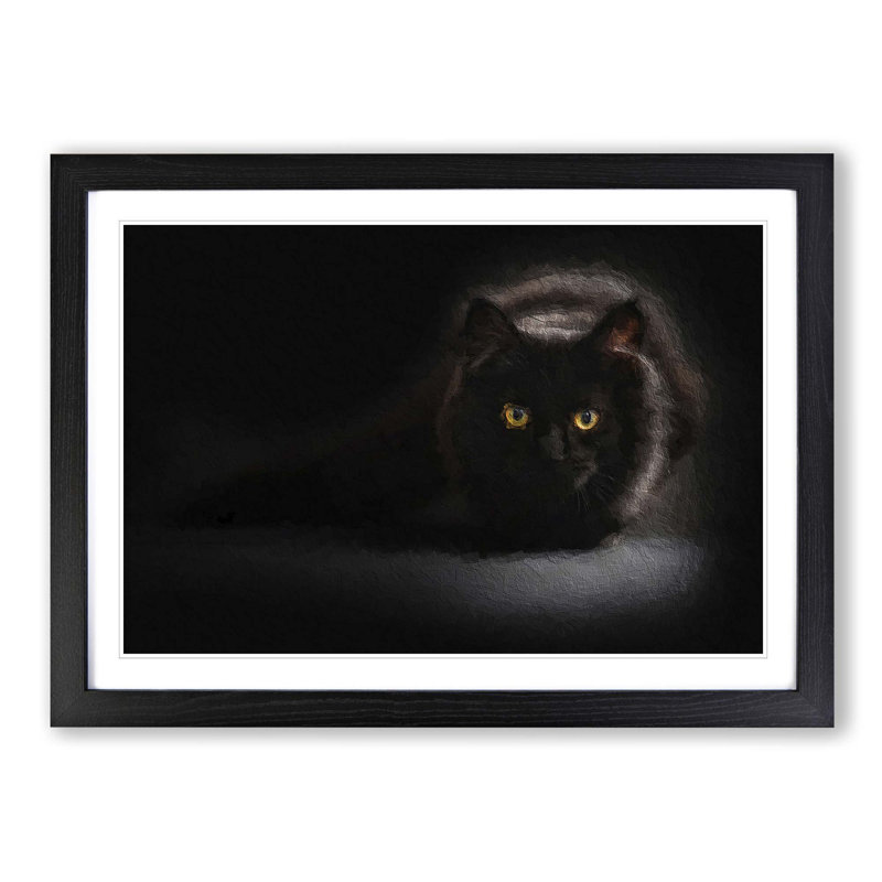 Black Cat with Yellow Eyes - Picture Frame Art Print on MDF, Black Framed, 27cm H x 36cm W x 2cm D