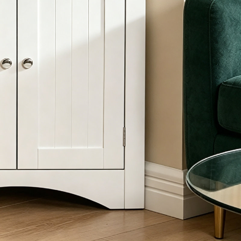 Buffet Dencie, armoire d'angle, armoire de coin de plancher de salle de bain avec portes et tablettes