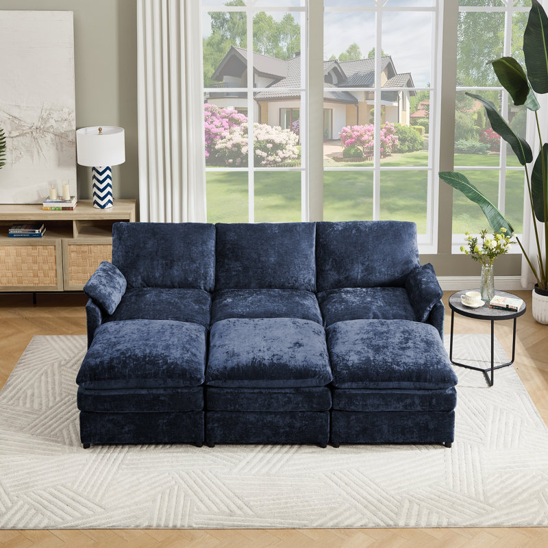 Drago 4-Piece Modern Upholstered Living Room Set With Ottomans, Blue