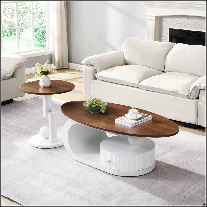 Ensemble de 2 tables gigognes de luxe, ovales et rondes avec rangement pour les salons modernes, au design élégant et fonctionnel