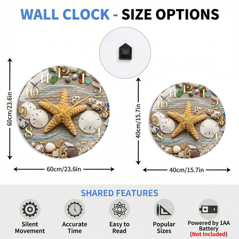 Horloge murale décorative de plage, 60 x 60 cm (23,6 x 23,6 pouces)