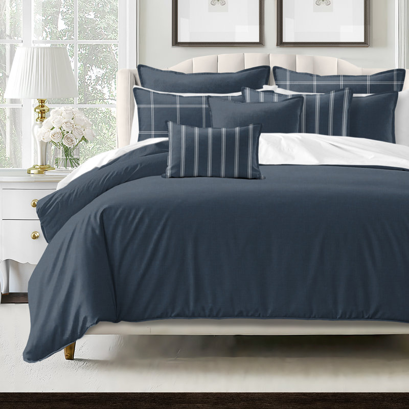 Shay Solid Dark Denim Cotton Comforter Set  8 Piece, Super King Comforter + 7 Additional Pieces