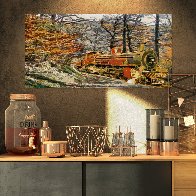 Train in Forest - Reproduction de paysage sur bois de pin naturel, H 16 po x l 32 po x P 1 po, Toile tendue