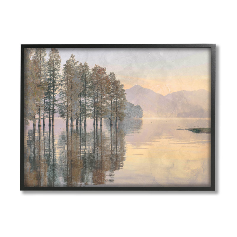«Woodland Lake Reflection Landscape», art numérique par Lil 'Rue, H 11 po x l 14 po x P 1,5 po, Giclée encadrée noir minuit