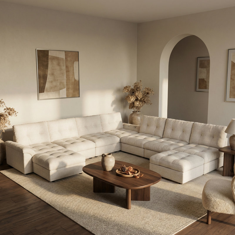 133" Modular Sectional Cloud Sofa With Deep Seat Couch,lattice Decored Design, Beige Chenille