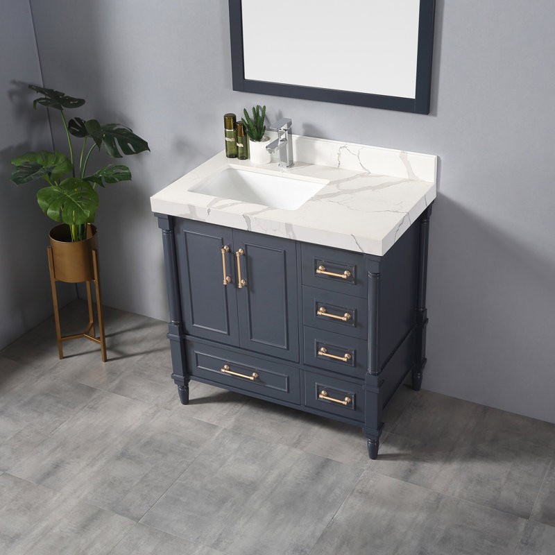 Ensemble de meuble-lavabo simple 36 po Mulder, Calacatta, Bleu marine hâlé, Doré