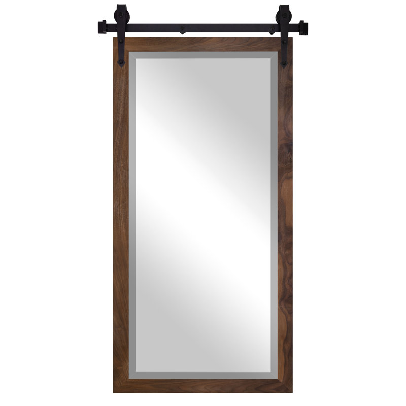 Ozark Hardwood Beveled Mirror With Steel Barn Door Rail, Walnut