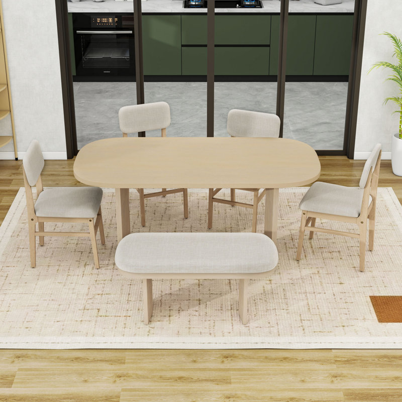 Ensemble de salle à manger Modern Farmhouse avec table et chaises en bois et banc rembourré, Beige / Naturel, Naturel