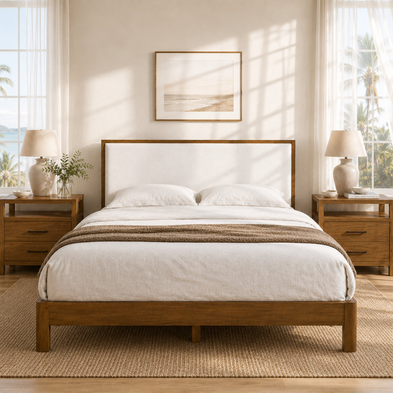 Luca Solid Wood Boucle Upholstered Headboard Bed Frame, Walnut, Queen